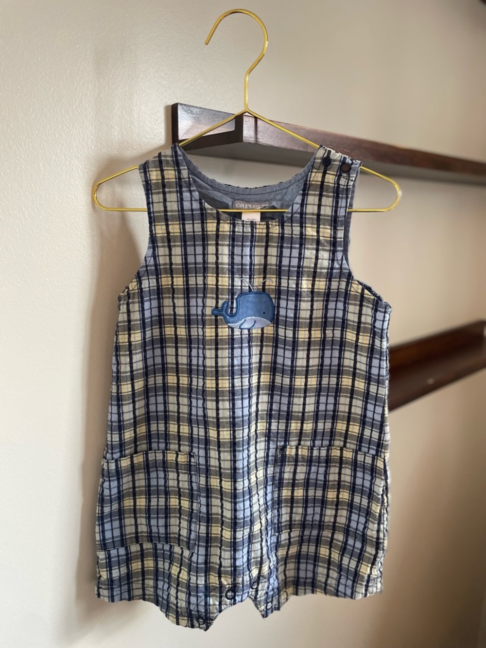 Vintage Carter’s Baby Romper with Whale Applique - Blue & Yellow Seersucker
